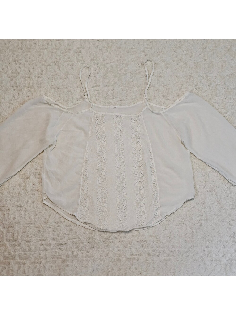 White Cold-Shoulder Blouse Vertical Lace Paneling M